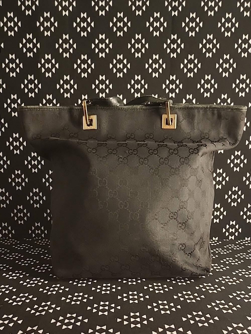 Gucci Black Monogram Tote with Gold Accents